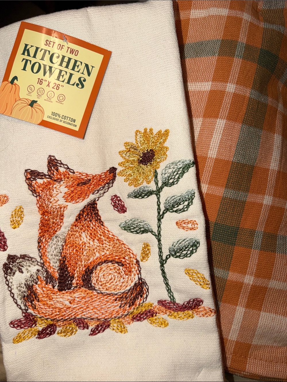 2 SETS- Autumn Fall Orange Plaid & Embroidered Fox Kitchen 4 pieceTowel Set.
